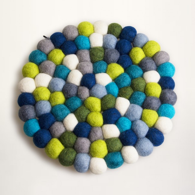 blue and green trivet of felt balls
