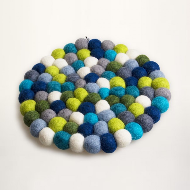 blue and green trivet of felt balls